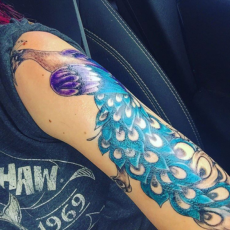 Aqua Peacock Tattoo On Half Sleeve