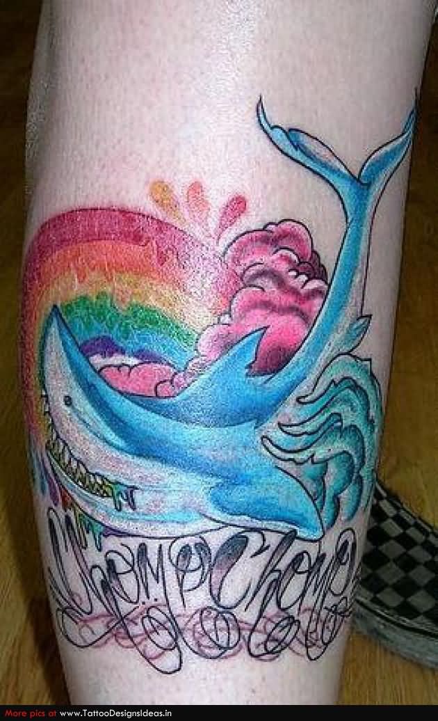 Aqua Shark With Rainbow Tattoo Design For Leg Calf