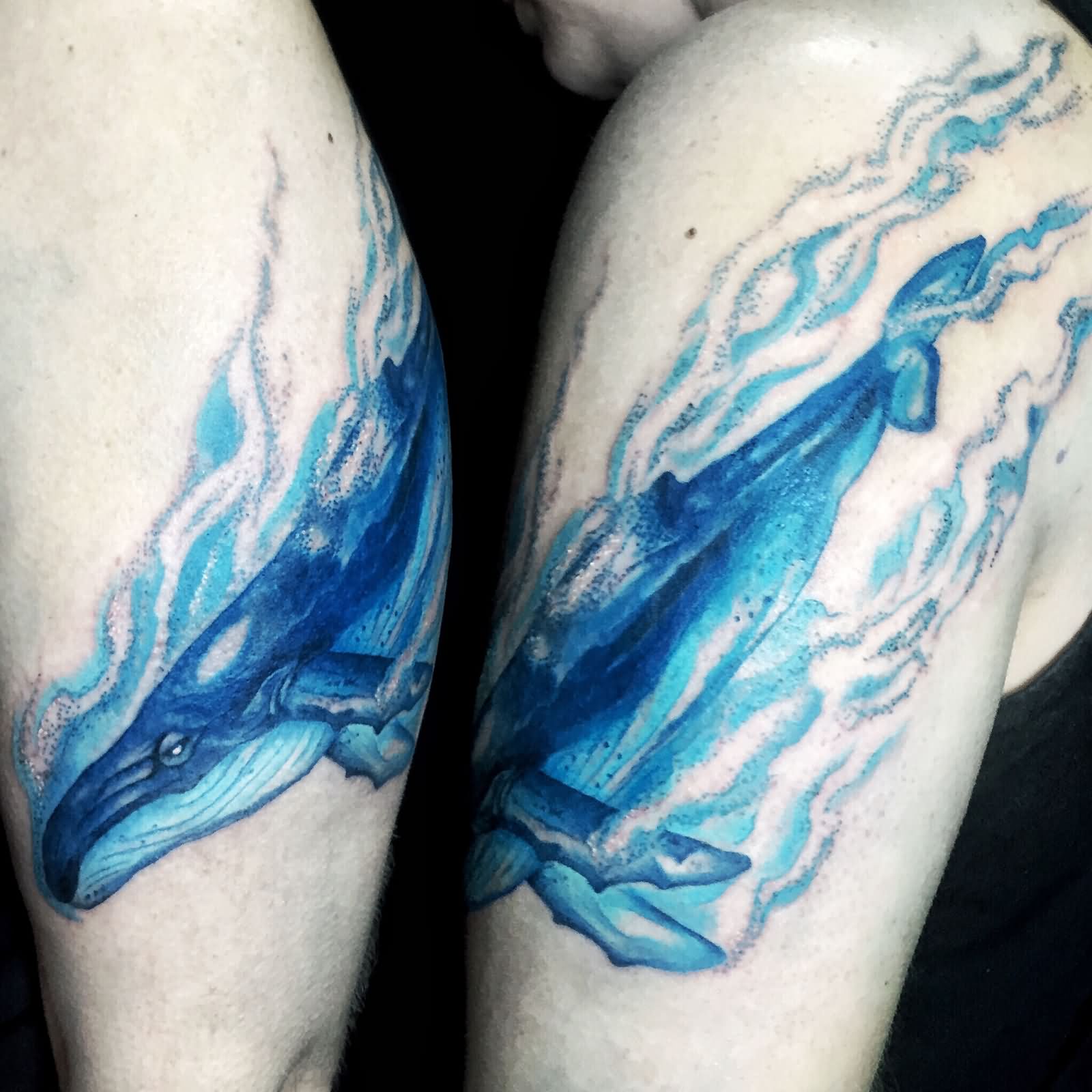 Aqua Whale Tattoo On Left Half Sleeve By Talulah