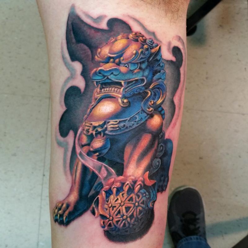 Attractive 3D Foo Dog Tattoo Design For Sleeve