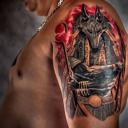 Attractive Anubis Tattoo On Man Left Shoulder