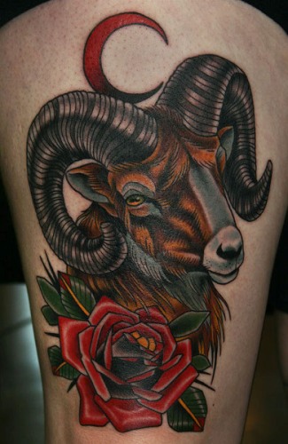 Attractive Aries With Rose Tattoo Design For Thigh