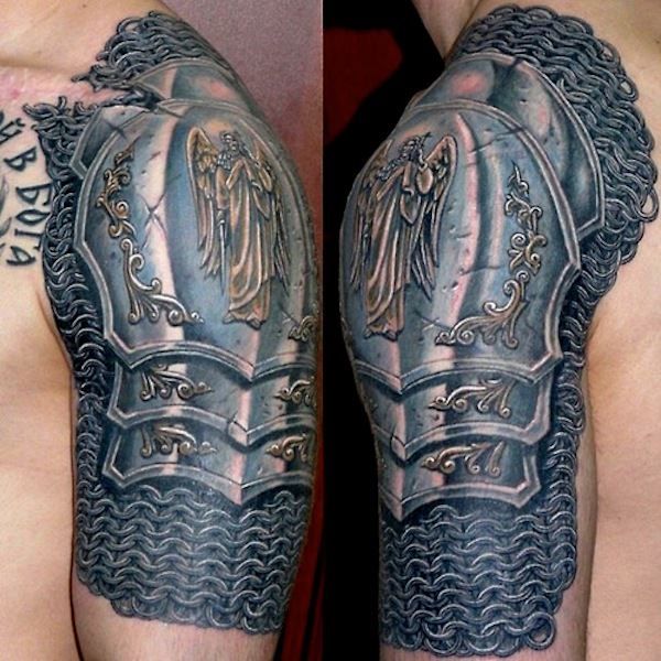 Attractive Armor Tattoo On Man Left Half Sleeve