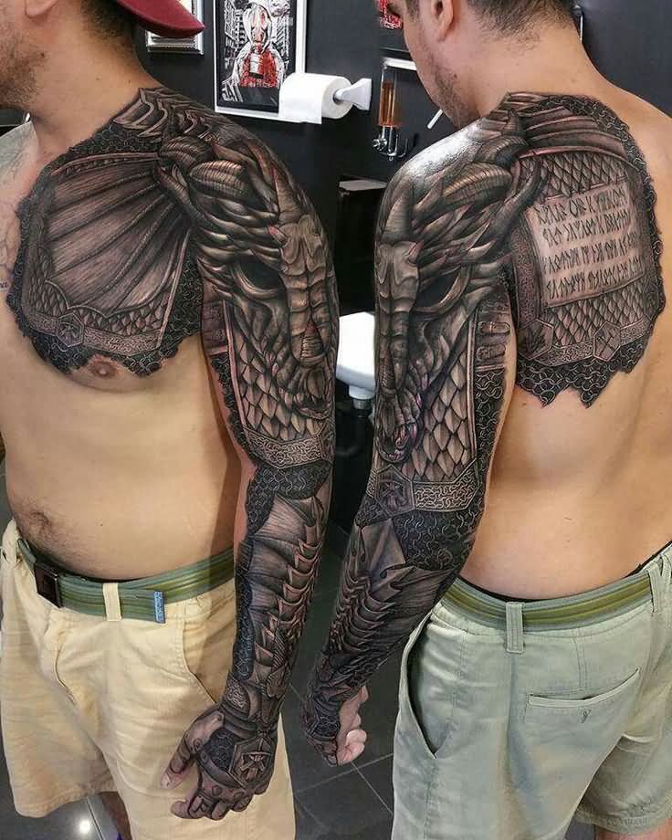 Attractive Black Ink Armor Tattoo On Man Left Full Sleeve