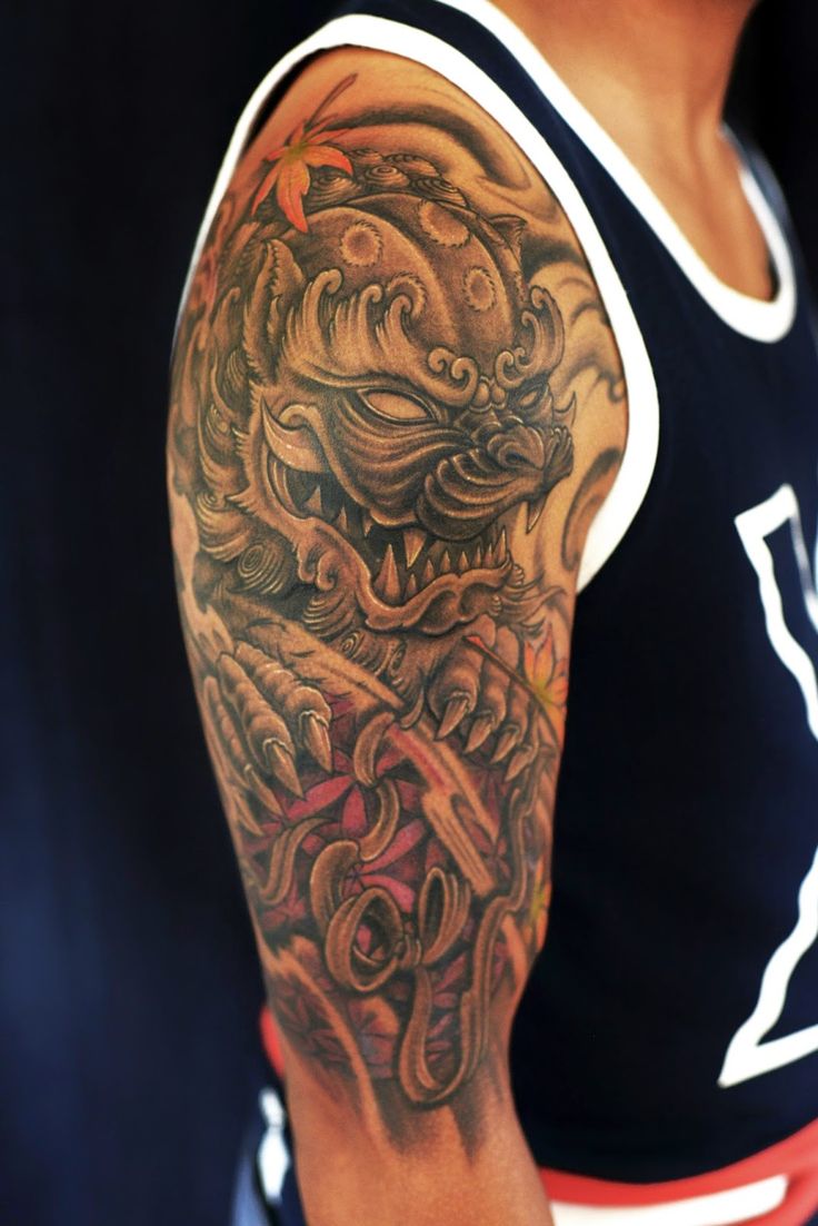 Attractive Black Ink Foo Dog Tattoo On Man Right Half Sleeve