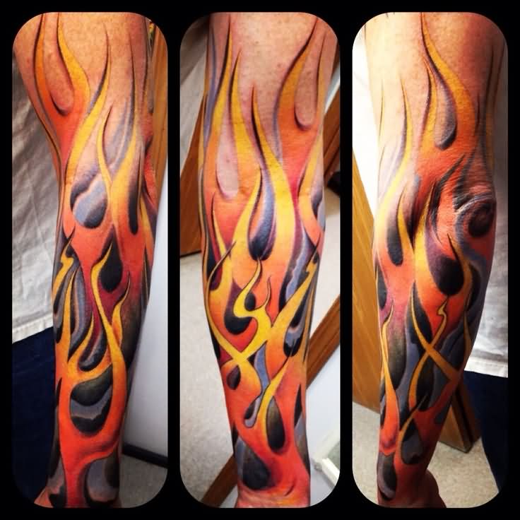 Attractive Fire And Flame Tattoo On Left Sleeve