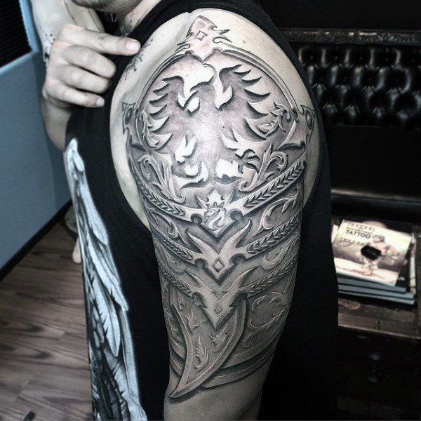 Attractive Grey Ink Armor Tattoo On Man Left Half Sleeve