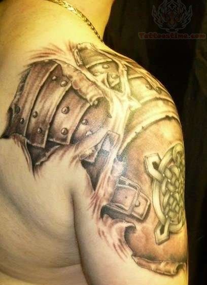 Attractive Ripped Skin Armor Tattoo On Man Right Shoulder