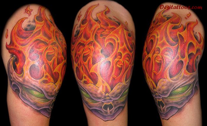 Attractive Skull In Fire And Flame Tattoo On Right Shoulder