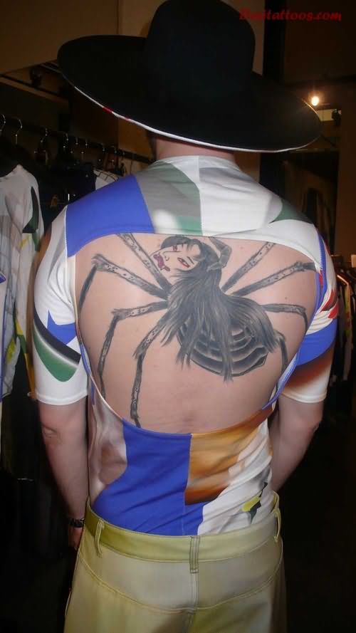 Attractive Women Head Arachnids Tattoo On Man Back