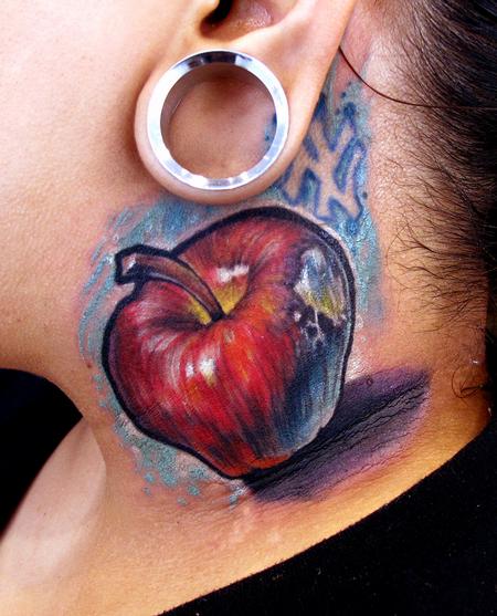 Awesome 3D Apple Tattoo On Women Side Neck