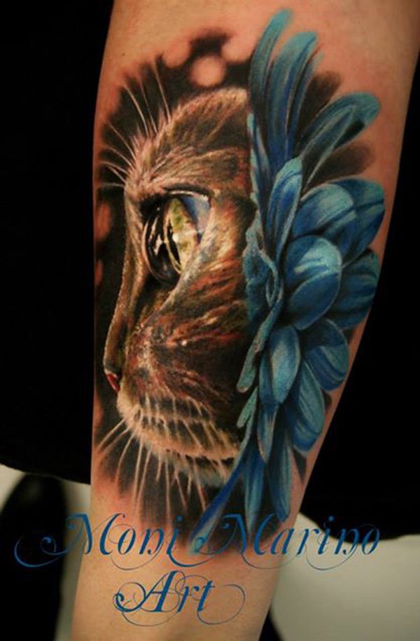 Awesome 3D Cat Head Tattoo On Forearm 