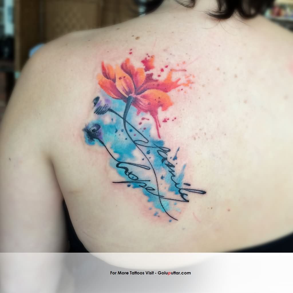Awesome Aqua Flower Tattoo On Left Back Shoulder