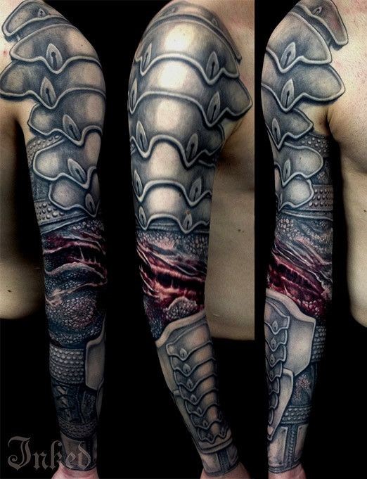 Awesome Black And Grey Armor Tattoo On Right Full Sleeve