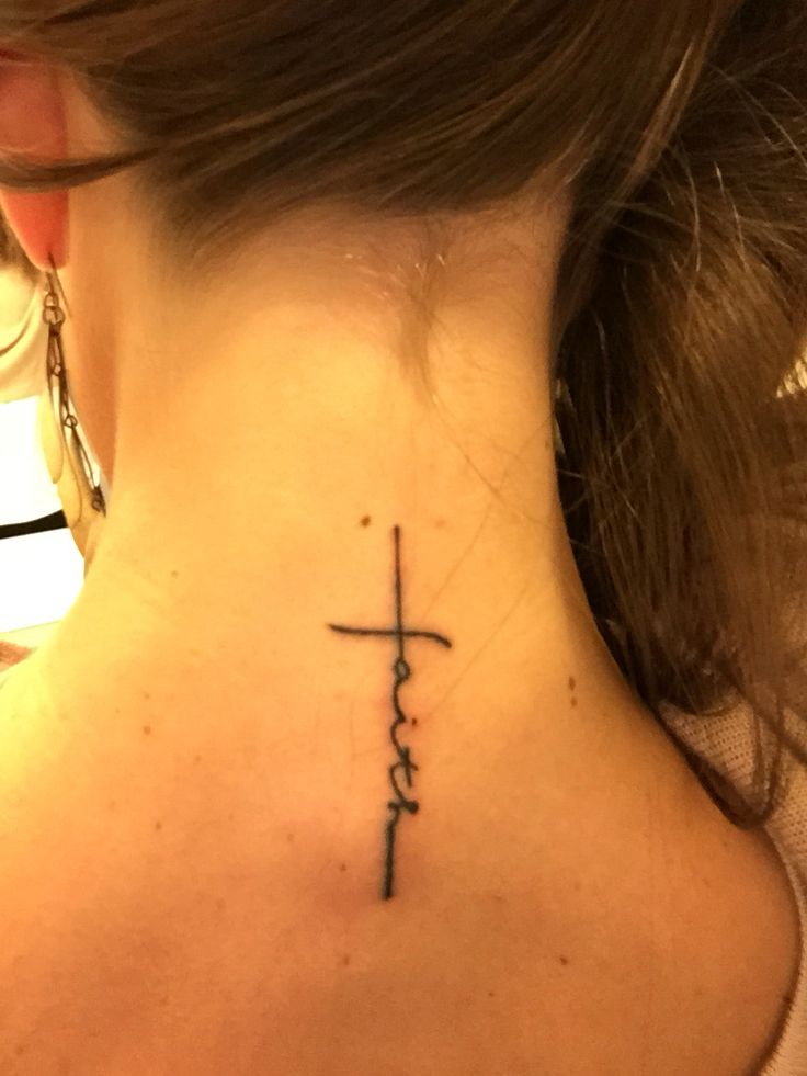Awesome Black Faith Lettering Tattoo On Girl Back Neck