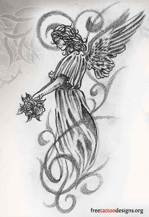 Awesome Black Ink Angel Tattoo Design