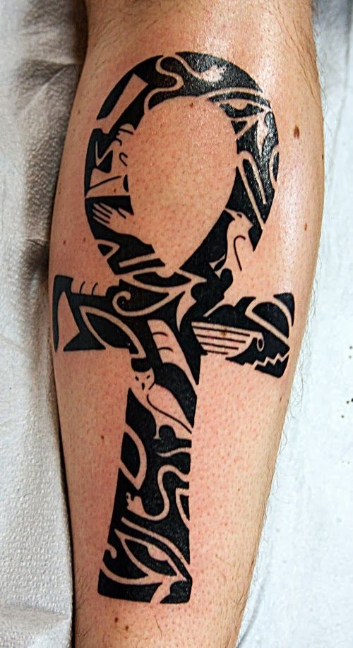 Awesome Black Ink Ankh Tattoo Design For Leg Calf