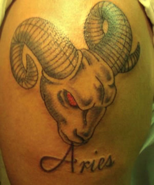 Awesome Black Ink Aries Head Tattoo On Right Shoulder