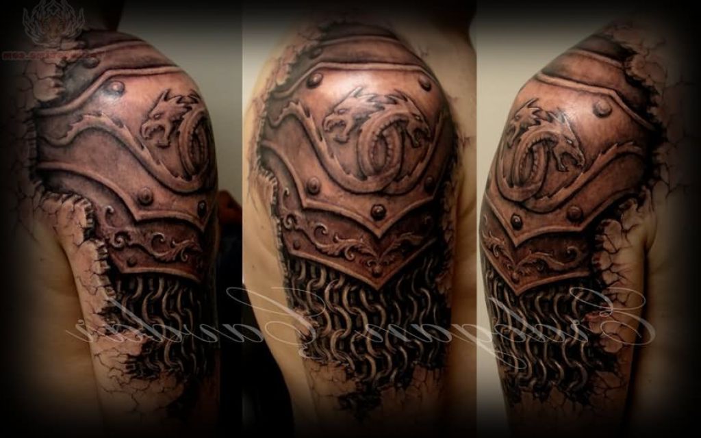 Awesome Black Ink Armor Tattoo On Man Right Half Sleeve