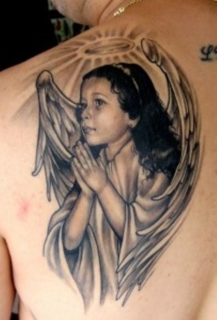 Awesome Black Ink Baby Angel Tattoo On Left Back Shoulder