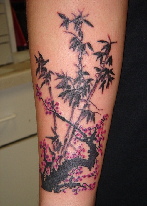 Awesome Black Ink Bamboo Trees Tattoo Design For Sleeve