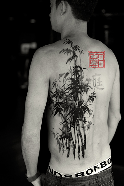 Awesome Black Ink Bamboo Trees Tattoo On Man Full Back