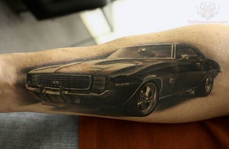 Awesome Black Ink Camaro Car Tattoo On Forearm