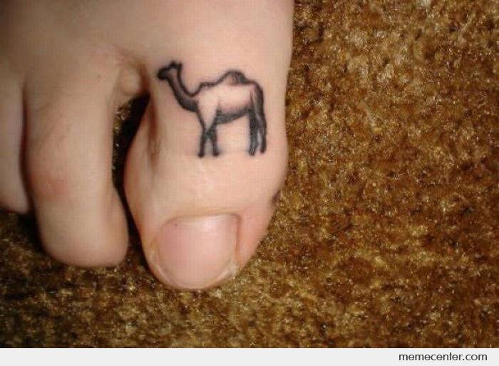 Awesome Black Ink Camel Tattoo On Right Foot Toe