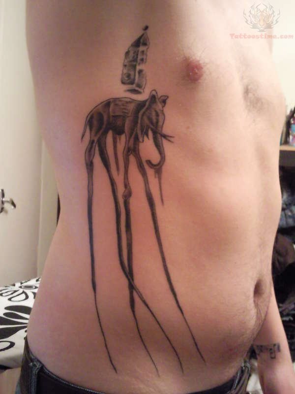 Awesome Black Ink Dali Elephant Tattoo On Man Right Side Rib