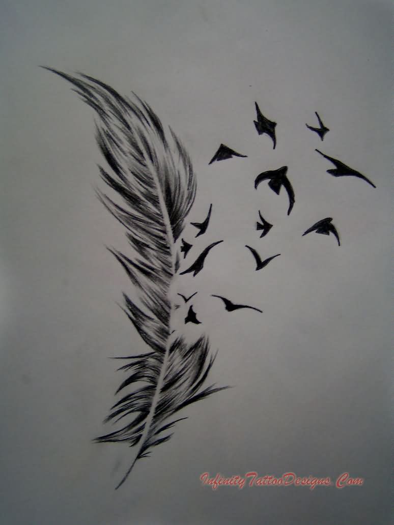 Awesome Black Ink Feather With Flying Birds Tattoo Design