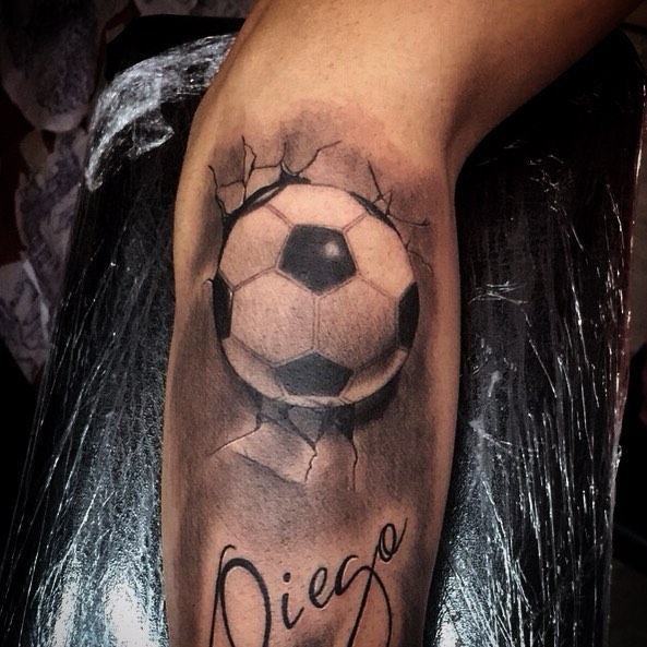 Awesome Black Ink Football Tattoo Design For Leg Calf