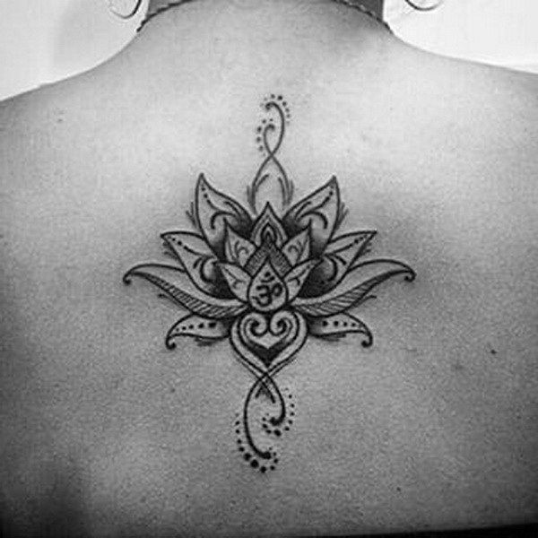 Awesome Black Ink Lotus Flower Tattoo On Upper Back