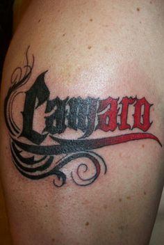 Awesome Camaro Lettering Tattoo On Leg Calf