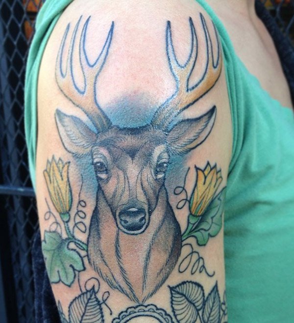 Awesome Deer Head Tattoo On Right Half Sleeve