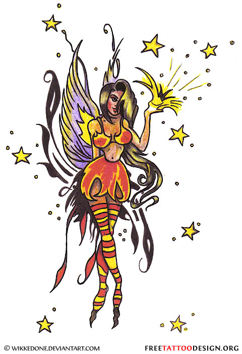Awesome Evil Fairy With Stars Tattoo Design