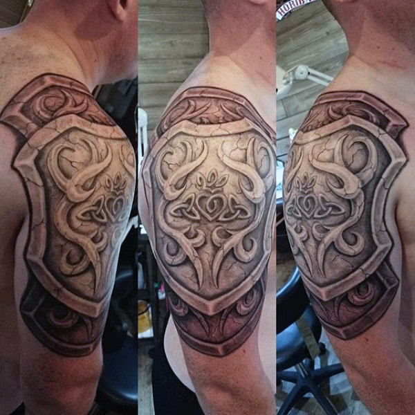 Awesome Grey Ink Armor Tattoo On Man Right Half Sleeve