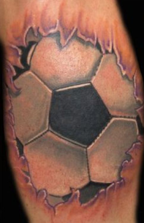 Awesome Ripped Skin Football Tattoo On Leg Calf