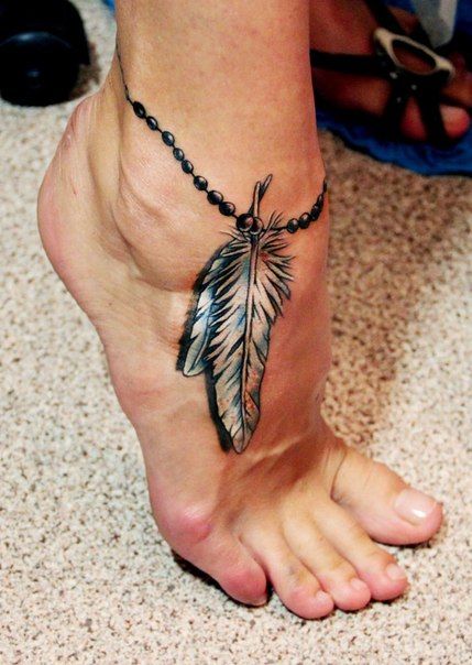 Awesome Rosary Feather Tattoo On Right Foot