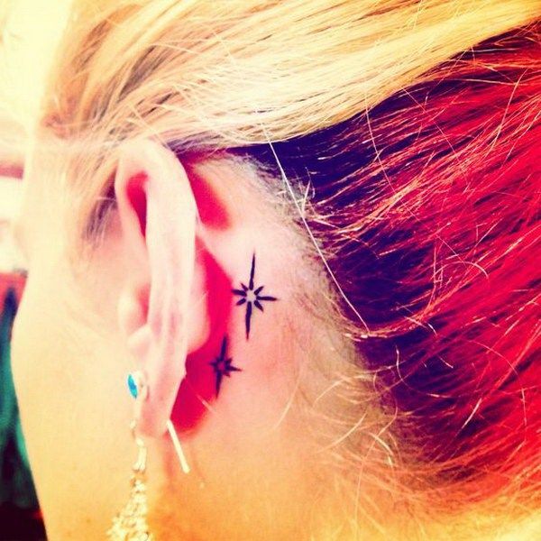 Awesome Stars Tattoo On Girl Left Behind The Ear