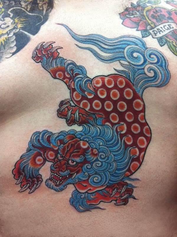 Awesome Traditional Foo Dog Tattoo On Man Chest By Chris Garver