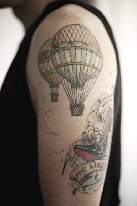 Awesome Two Hot Air Balloon Tattoo On Left Half Sleeve
