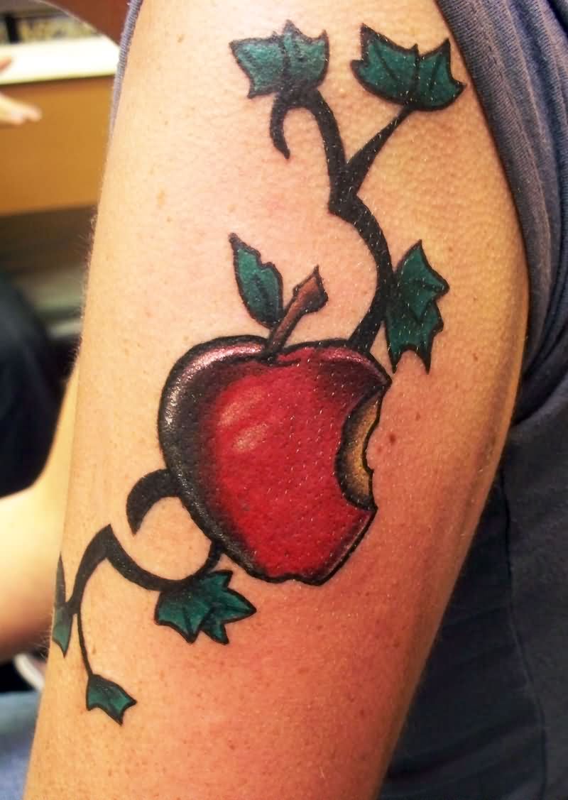 Bitten Apple Tattoo On Left Half Sleeve