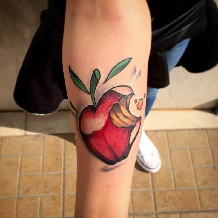 Bitten Apple Tattoo On Right Forearm
