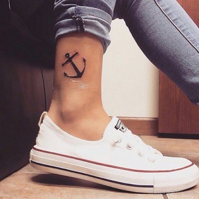 Black Anchor Tattoo On Right Ankle
