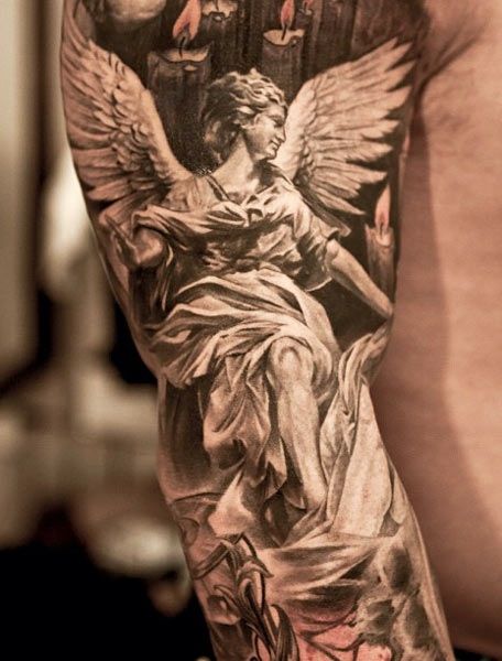 Black And Grey 3D Angel Tattoo On Right Half Sleeve