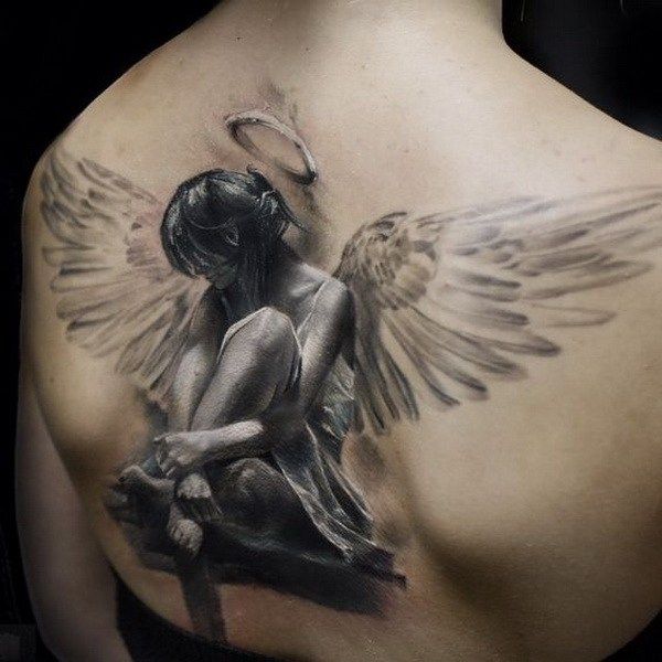 Black And Grey 3D Angel Tattoo On Women Upper Back