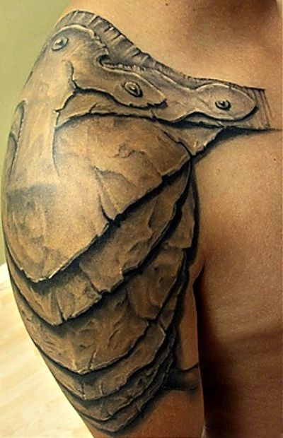 Black And Grey 3D Armor Tattoo On Man Right Half Sleeve