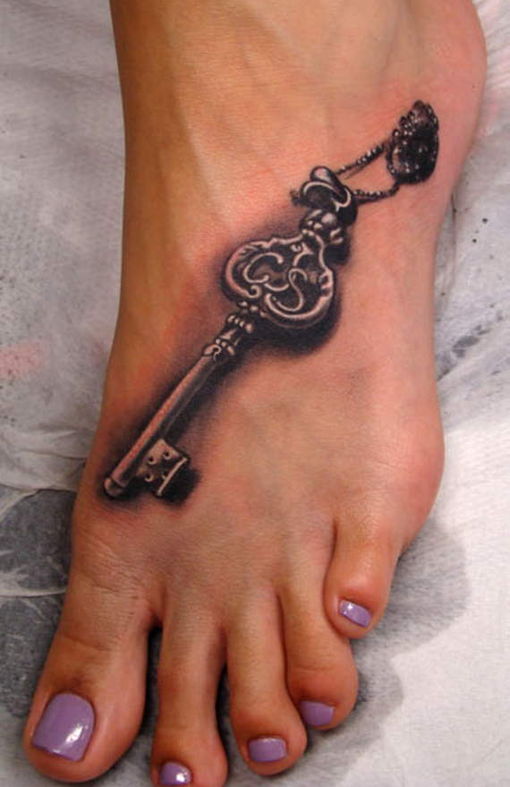 Black And Grey 3D Key Tattoo On Girl Left Foot