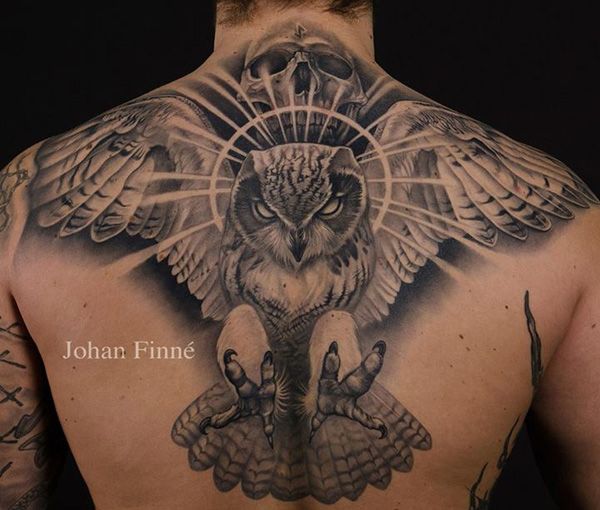 Black And Grey 3D Owl With Skull Tattoo On Man Upper Back