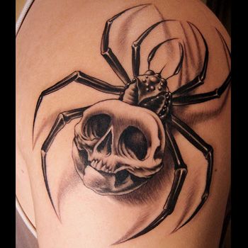 Black And Grey 3D Skull Arachnids Tattoo On Left Shoulder